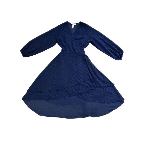 Maison de papillon Women's M Navy Blue Swiss Dot Hi-Low Dress Long Sleeve V-Neck - Picture 3 of 7